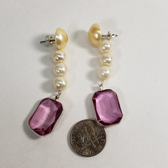 Off-White Bead Rectangular Shape Purple Stone Post Drop Dangle Earrings - Women - Picture 6 of 7